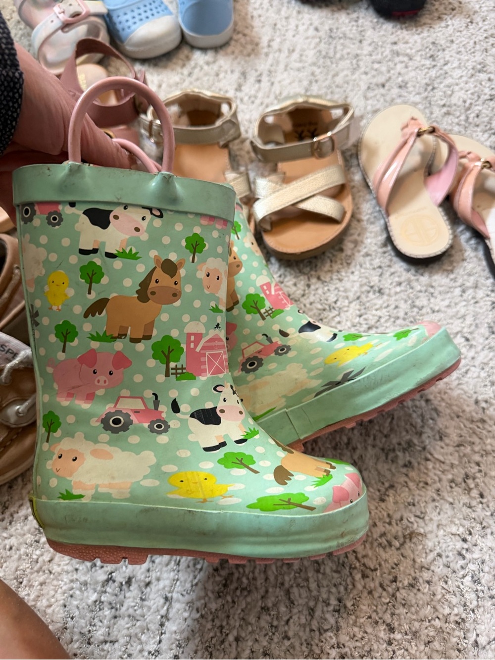 Western Chief Mint Green Farm Animal Rain Boots for Kids size 7/8